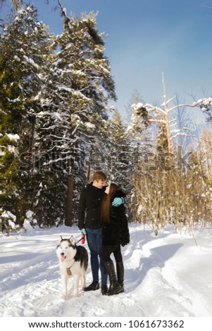 lovers look at each other with Siberian husky dogs in the winter forest