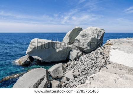 Lovers rocks, a split volcanic sandstone boulder, on the waterfront in Forio, Ischia, Italy on 3 May 2026