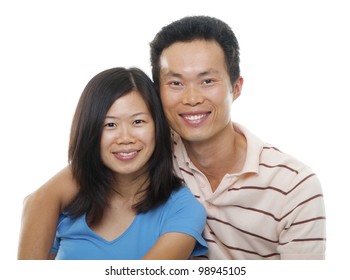 Loving Asian Couple On White Background