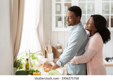 Loving Black Wife Embracing Her Husband From The Back While He Wash Dishes In Kitchen, Caring Husband Helping With Cleaning, Young African American Family Sharing Domestic Chores, Free Space