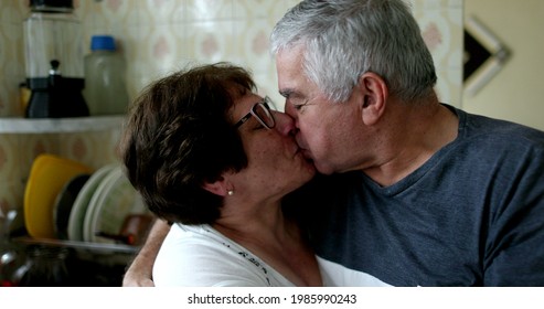 Loving Caring Married Older Couple Relationship. Husband Kissing Wife