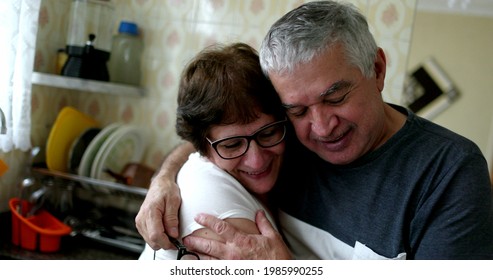 Loving Caring Married Older Couple Relationship. Husband Kissing Wife