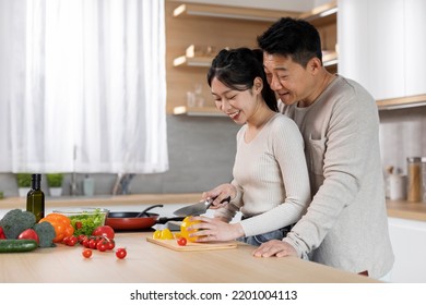 Loving Cheerful Pretty Millennial Woman Cooking For Her Happy Husband At Home, Preparing Healthy Delicious Meal, Cozy Kitchen Interior, Side View, Copy Space. Love, Affection, Family Concept