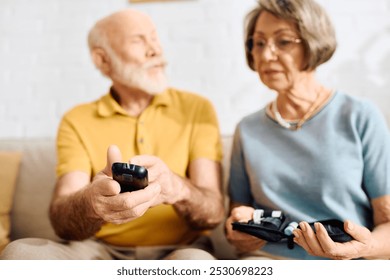 Loving couple engages in diabetes management together while sitting at home. - Powered by Shutterstock