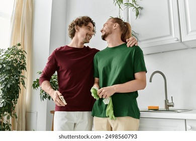 A loving couple enjoys a tender moment while tidying their bright kitchen. - Powered by Shutterstock