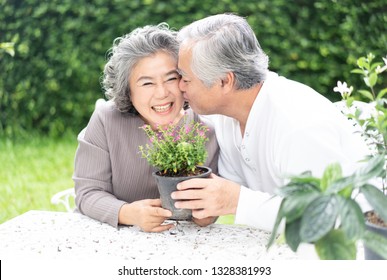 Loving couple have fun in gardening. Happy Asian senior couple  engaged in gardening and kissing for his wife in cheek. lifestyle senior concept .
