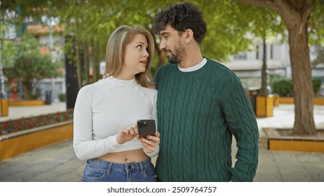 A loving couple sharing a moment outdoors, with the woman showing her smartphone to the man in a city park. - Powered by Shutterstock