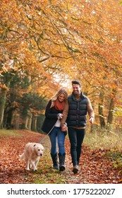 Loving Couple Walking With Pet Golden Retriever Dog Along Autumn Woodland Path Through Trees - Shutterstock ID 1775222027