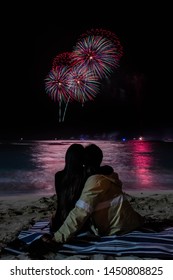 Loving Couple Watching Fireworks Hawaii