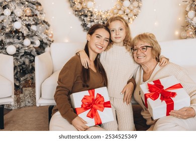 A loving family scene with three generations enjoying Christmas, exchanging gifts, and sharing joy in a festive setting. Perfect for holiday-themed concepts and family togetherness. - Powered by Shutterstock