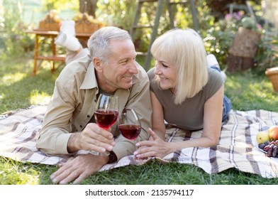 Loving married senior couple drinking wine outside, lying on blanket while having picnic in their garden, looking and smiling to each other. Happy elderly spouses celebrating anniversary - Powered by Shutterstock