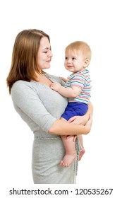 Loving Mother Holding Baby Boy Isolated On White