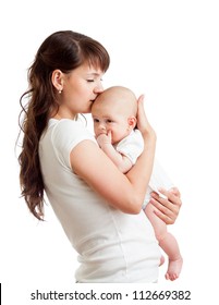 Loving Mother Kissing Her Baby Isolated On White Background