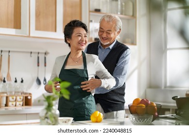 loving senior asian man husband helping wife tying up apron in kitchen at home - Powered by Shutterstock