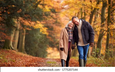 Loving Senior Couple Holding Hands As They Walk Along Autumn Woodland Path Through Trees Together - Powered by Shutterstock