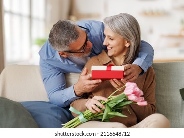 Loving Senior  Man Husband Giving  Bouquet Of Tulip Flowers And Present Gift Box  For Valentine's Day   To Happy Surprised Wife