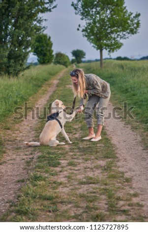 Similar – Image, Stock Photo Loving young woman offered a paw by her dog