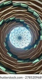 Low angle abstract view of the stunning modern spiraling dome architecture of the Marmara University Faculty of Theology Mosque in Uskudar, Istanbul, Turkey. Features intricate geometric wooden concentric layers and a central glass skylight.