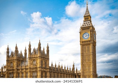 Low angle of aged building of famous Big Ben against clock tower located on street of London against blue sky background - Powered by Shutterstock