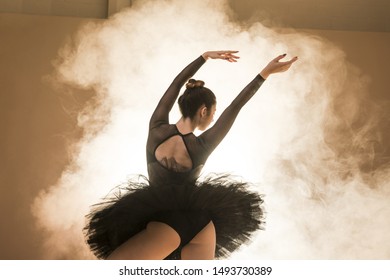 Low angle ballerina posing in smoke