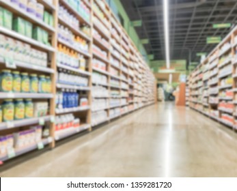 Low Angle Blurred Abstract Vitamin And Supplement Department At Grocery Store In America