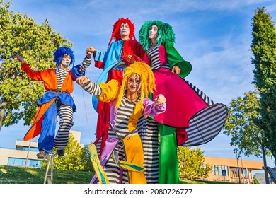 Low angle of cheerful male and female clowns in colorful costumes and wigs, smiling while performing show on stilts and unicycle during festival in city park