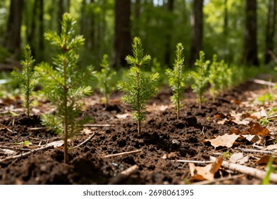 A low angle close-up of several tiny pine saplings growing out of dark, moist soil on the forest floor, symbolizing reforestation and new forest growth.