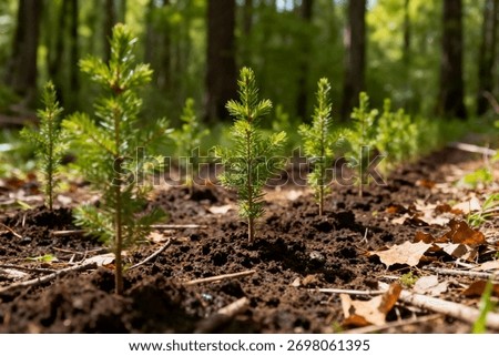 A low angle close-up of several tiny pine saplings growing out of dark, moist soil on the forest floor, symbolizing reforestation and new forest growth.