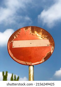 Low angle and close-up view of road sign Against Blue Sky. Close-up no entry road sign. - Shutterstock ID 2156249425