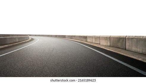 Low angle curvy asphalt road isolated on white background with clipping path.