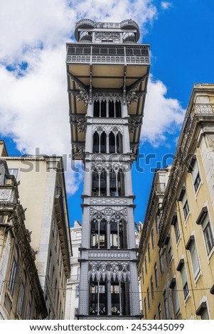Low angle day view of iconic Santa Justa Lift (Elevador de Santa Justa), a 1902 cast-iron elevator, Lisbon, Portugal, Europe