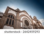 Low angle exterior of the early twentieth century synagogue, the novi sad synagogue, or novosadska sinagoga, in serbia,an art nouveau landmark, symbolising Jewish heritage.