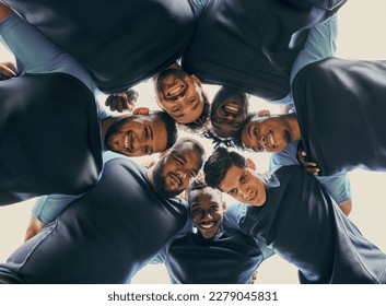 Low angle, fitness or rugby team in huddle with support or solidarity for competition, training game. Men group, happy smile or athletes in sports match or exercise together with pride or mission - Powered by Shutterstock