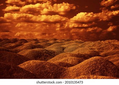 Low Angle Horizon Landscape Of Mound And Dirt Road. Earthwork Ground With Sky Background View