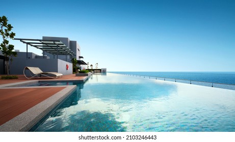 Low Angle Of Luxury Infinity Pool With Beautiful Sea View.