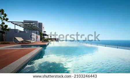 Low angle of Luxury infinity pool with beautiful sea view.