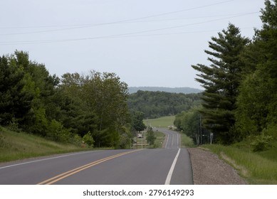 A low angle perspective photograph of an empty, two lane asphalt country highway or rural route dipping and rising into the distance through a quiet rolling green valley. The worn pavement features double solid yellow center lines and a white edge line, stretching from the immediate foreground toward a gentle bend on the far horizon. Flanking the right side of the roadway is a long gravel shoulder bed and a prominent mature pine tree, while the left side features open grassy embankments, utility poles, and overhead power cables. The background is completely filled with a dense, sprawling wall of vibrant summer forest trees that roll over distant wilderness ridges under an overcast pale sky. This peaceful transportation scene perfectly captures the quiet atmosphere of a classic American backroad, county route, or scenic road trip drive. Ideal for high quality commercial or editorial use in themes related to travel destinations, remote exploration, infrastructure development, suburban logistics, and metaphors of journeys, pathways, or open roads.