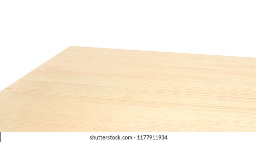 Low angle perspective view of wood or wooden table corner on white background including clipping path