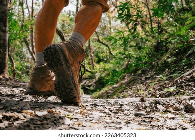 Low angle photo of a hiker in motion. Close up of hiking boots in motion on a hiking trail in the forest. - Powered by Shutterstock