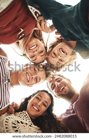 Similar – Young happy people with their heads together having fun in summer party