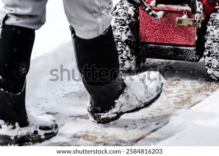 low angle rear view macro close-up of a person pushing a snowblower in winter snow boots weather white abstract backdrop. 