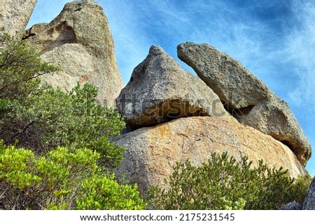 Low angle of rocks and boulders with a blue sky and lush green trees growing along hiking and trekking trails of Table Mountain National Park in Cape Town, South Africa. Immersing in mother nature