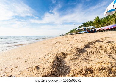 Low Angle Sand Beach And Sea Landscape On Beautiful Sunny Day