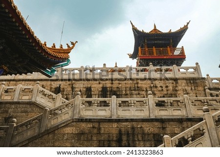 A low angle shot of an angular historic buddhist temple in Shaoxing,Zhejiang Province,China.