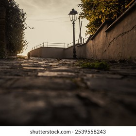 Low angle shot of a cobblestone path with the silhouette of a cat and a lamp post, at sun rise - Powered by Shutterstock