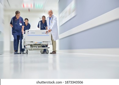 Low angle shot of the Emergency Medical Team Wheeling a Patient Along the Hospital Corridor - Powered by Shutterstock