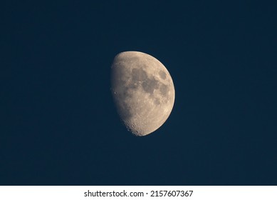 A low angle shot of the first quarter moon (half moon) in night sky over Danube river, Romania