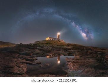 a low angle shot of lighthouse under night sky