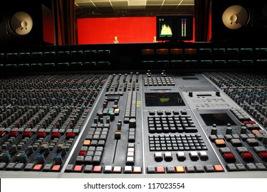 Low Angle Shot Of A Mixing Desk In Music Studio