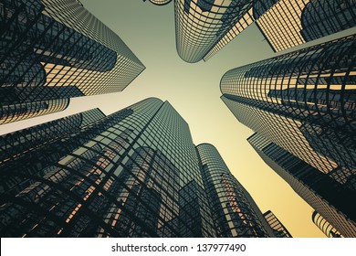 Low angle shot of modern glass city buildings with sunset background.